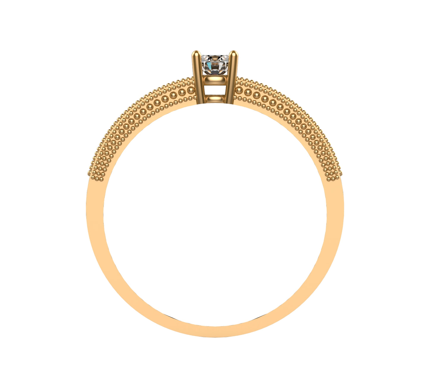Anillo de compromiso en oro amarillo 18K con diamante natural de 0,16ct en cuatro garras y banda ancha triple milgrain con 18 brillantes en micropavé – Joyería Lucigo Colombia