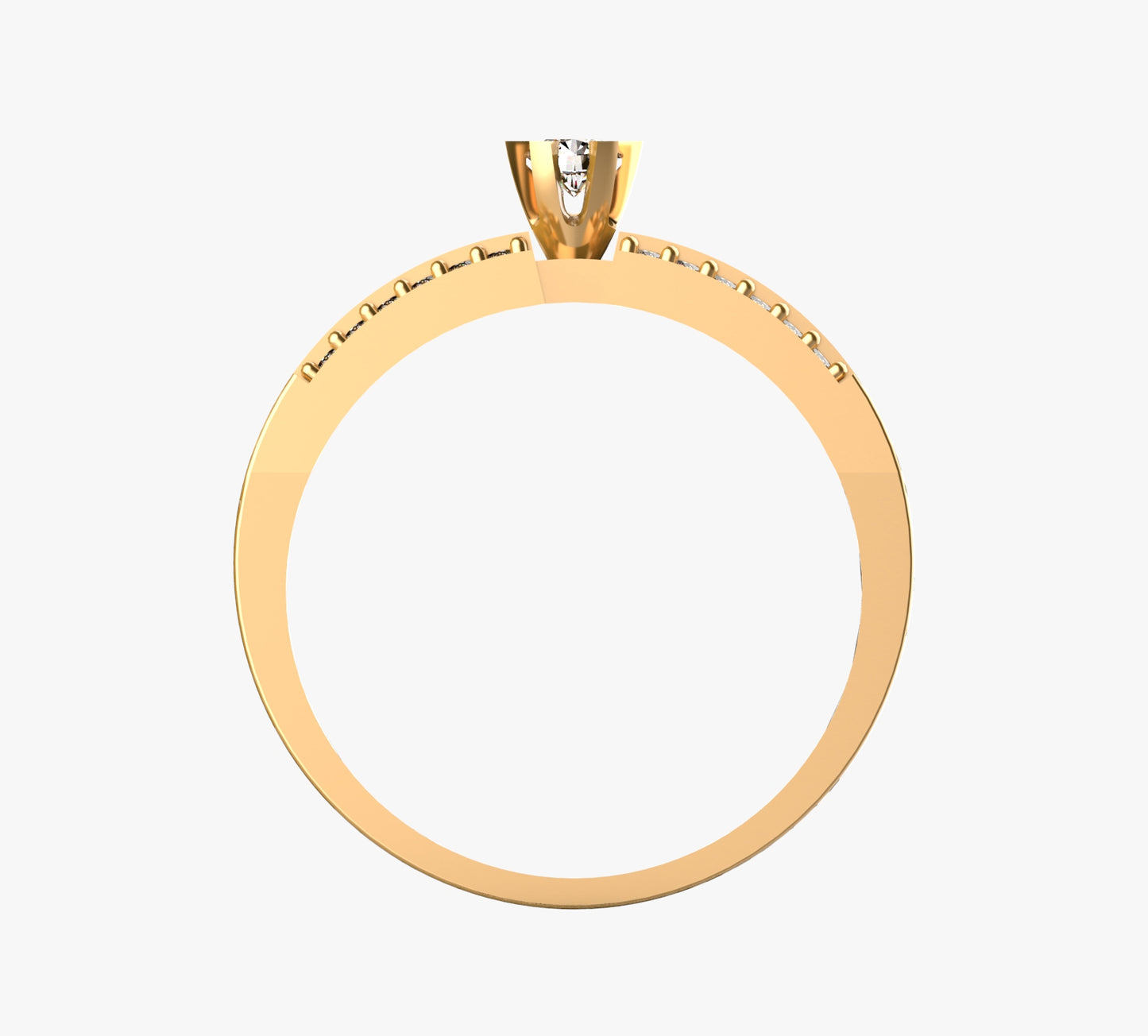 Anillo solitario en oro amarillo 18K con diamante natural de 0,10ct elevado sobre doble banda paralela con 24 brillantes en micropavé completo – Joyería Lucigo Colombia