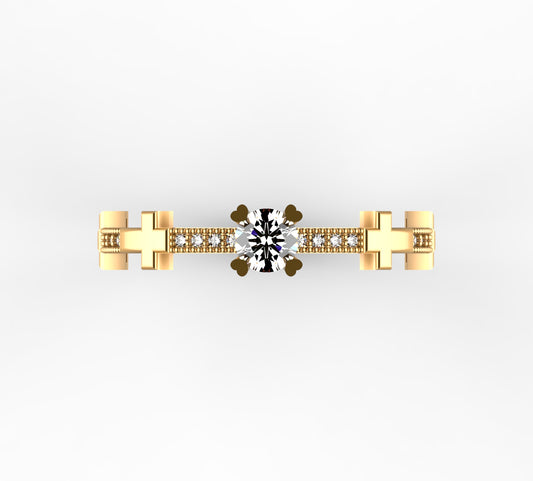 Anillo de Compromiso Vintage Cruces Oro 18k con Diamante 0,23 ct y 16 Brillantes Milgrain | Anillo Novia Fe L750