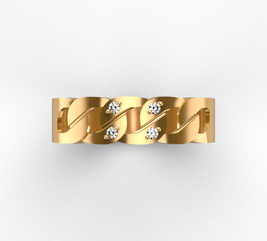 Anillo Cadena Cubana Oro Amarillo 18k con 4 Diamantes | Anillo Hombre Mujer Diseño Eslabón L750