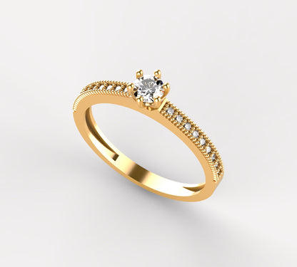 Anillo Solitario con Diamante Natural de 0,23 ct en Seis Garras y Banda Completa en Micropavé | Oro 18K Lucigo