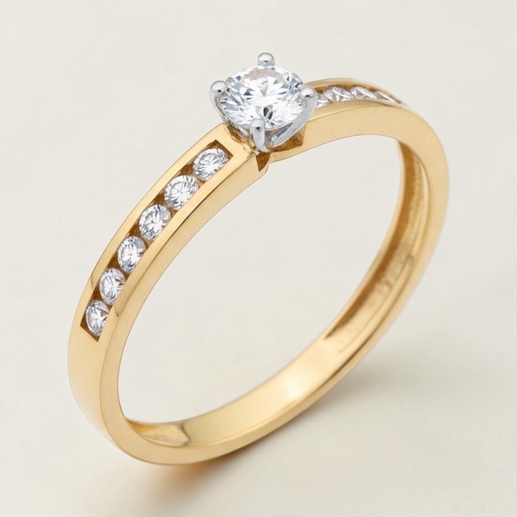 Anillo de Compromiso Solitario Oro 18k con Zircón Central y 12 Piedras Laterales en Canal | Anillo Novia L750