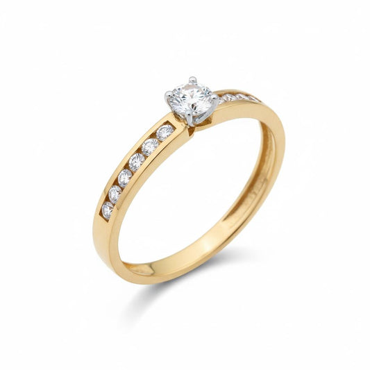 Anillo de Compromiso Solitario Oro 18k con Zircón Central y 12 Piedras Laterales en Canal | Anillo Novia L750