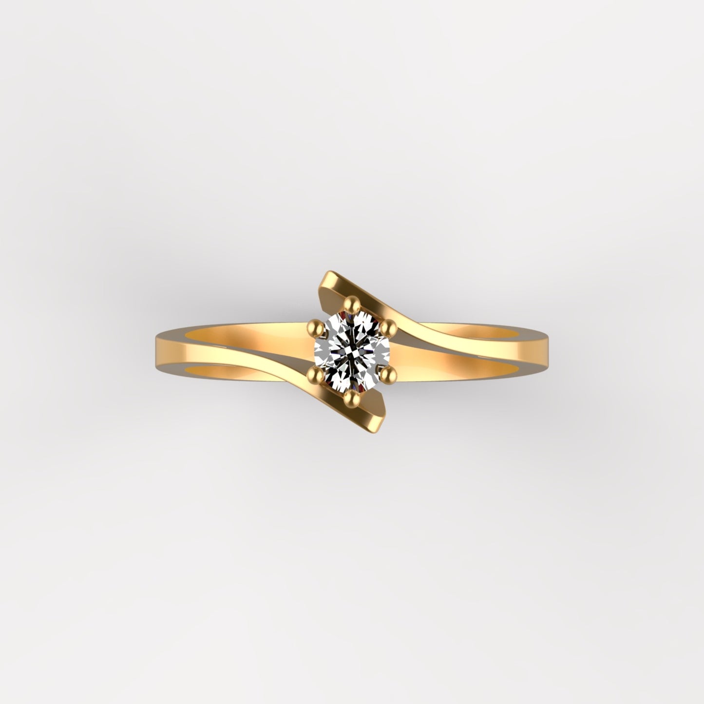Anillo solitario en oro amarillo 18K con diamante natural de 0,23ct en seis garras y banda plana cruzada en diagonal – Joyería Lucigo Colombia