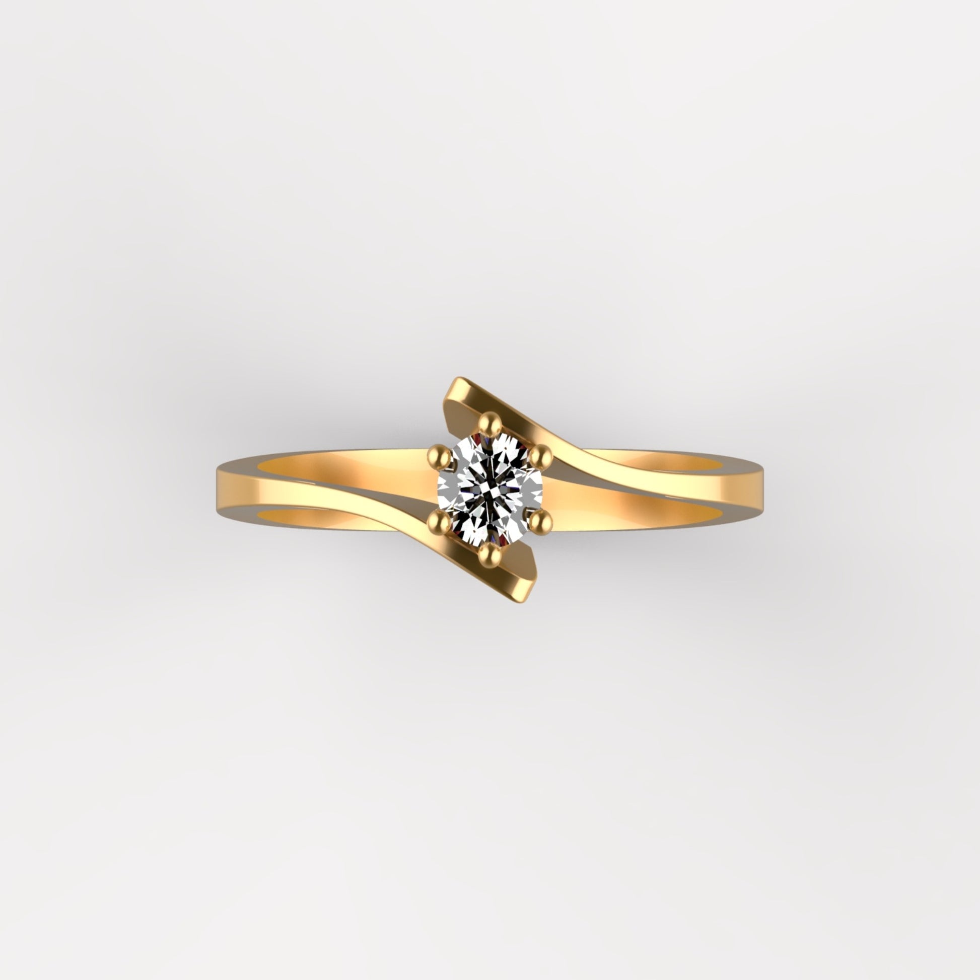 Anillo solitario en oro amarillo 18K con diamante natural de 0,23ct en seis garras y banda plana cruzada en diagonal – Joyería Lucigo Colombia