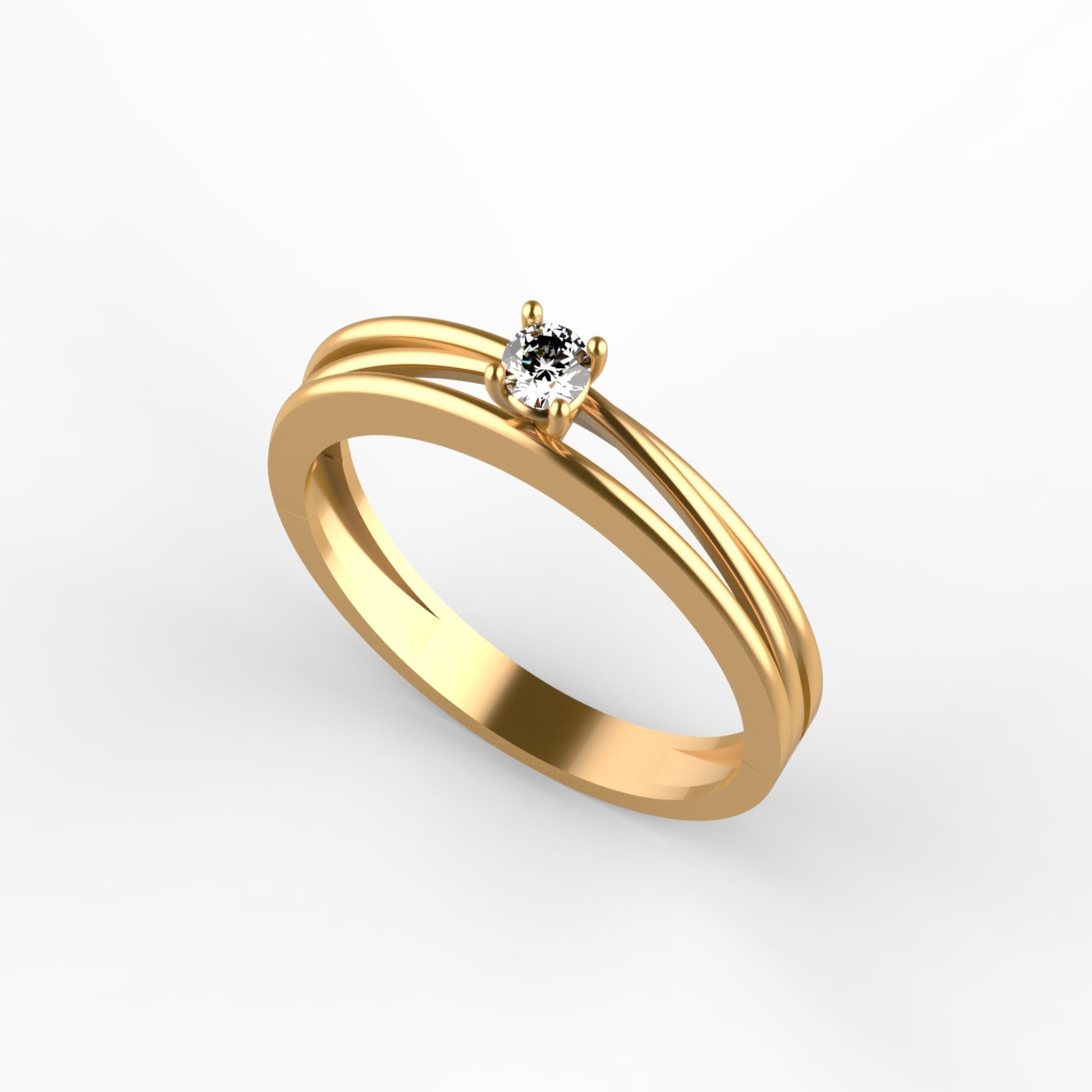 Anillo solitario en oro amarillo 18K con diamante natural de 0,10ct en cuatro garras y doble banda lisa paralela sin adornos – Joyería Lucigo Colombia