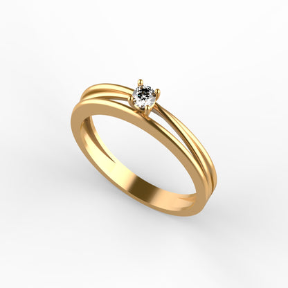 Anillo solitario en oro amarillo 18K con diamante natural de 0,10ct en cuatro garras y doble banda lisa paralela sin adornos – Joyería Lucigo Colombia