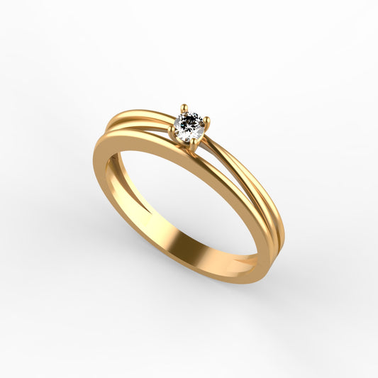 Anillo solitario en oro amarillo 18K con diamante natural de 0,10ct en cuatro garras y doble banda lisa paralela sin adornos – Joyería Lucigo Colombia