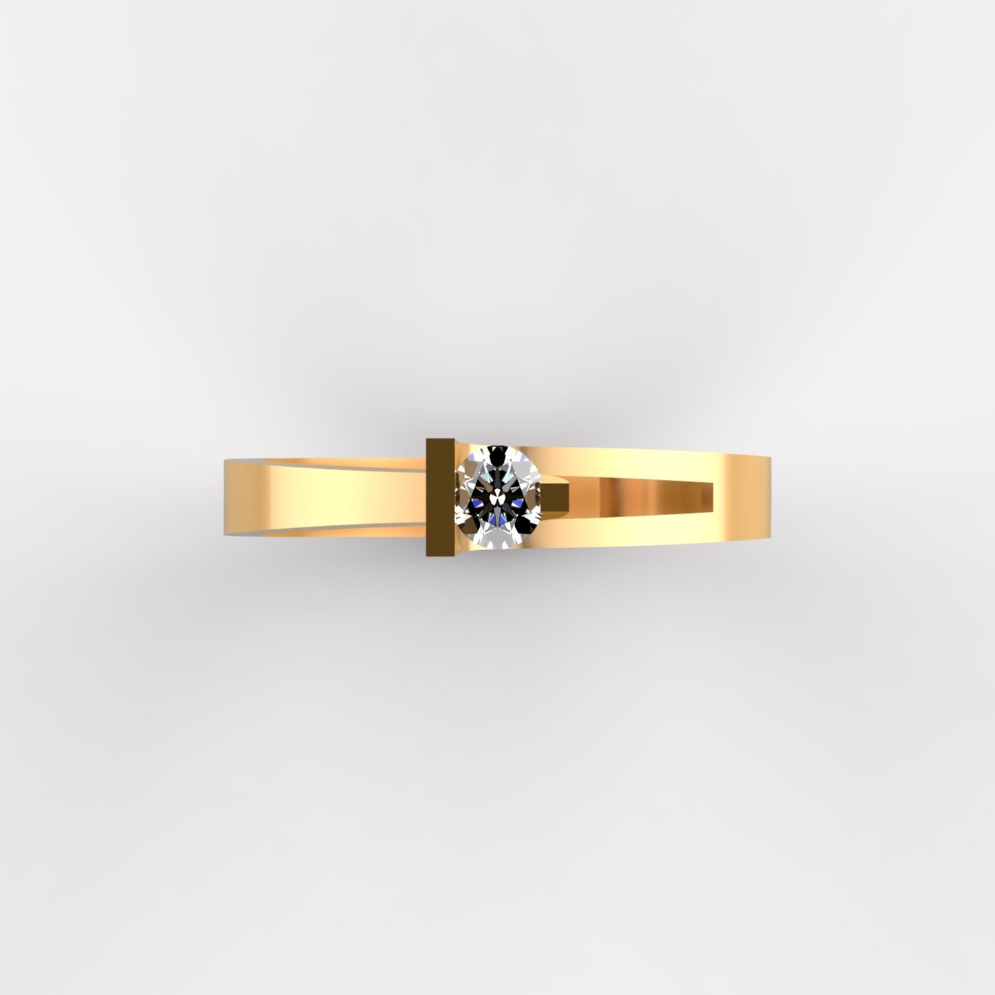 Anillo solitario en oro amarillo 18K con diamante natural de 0,16ct en engaste de tensión entre dos barras paralelas y banda ancha lisa – Joyería Lucigo Colombia