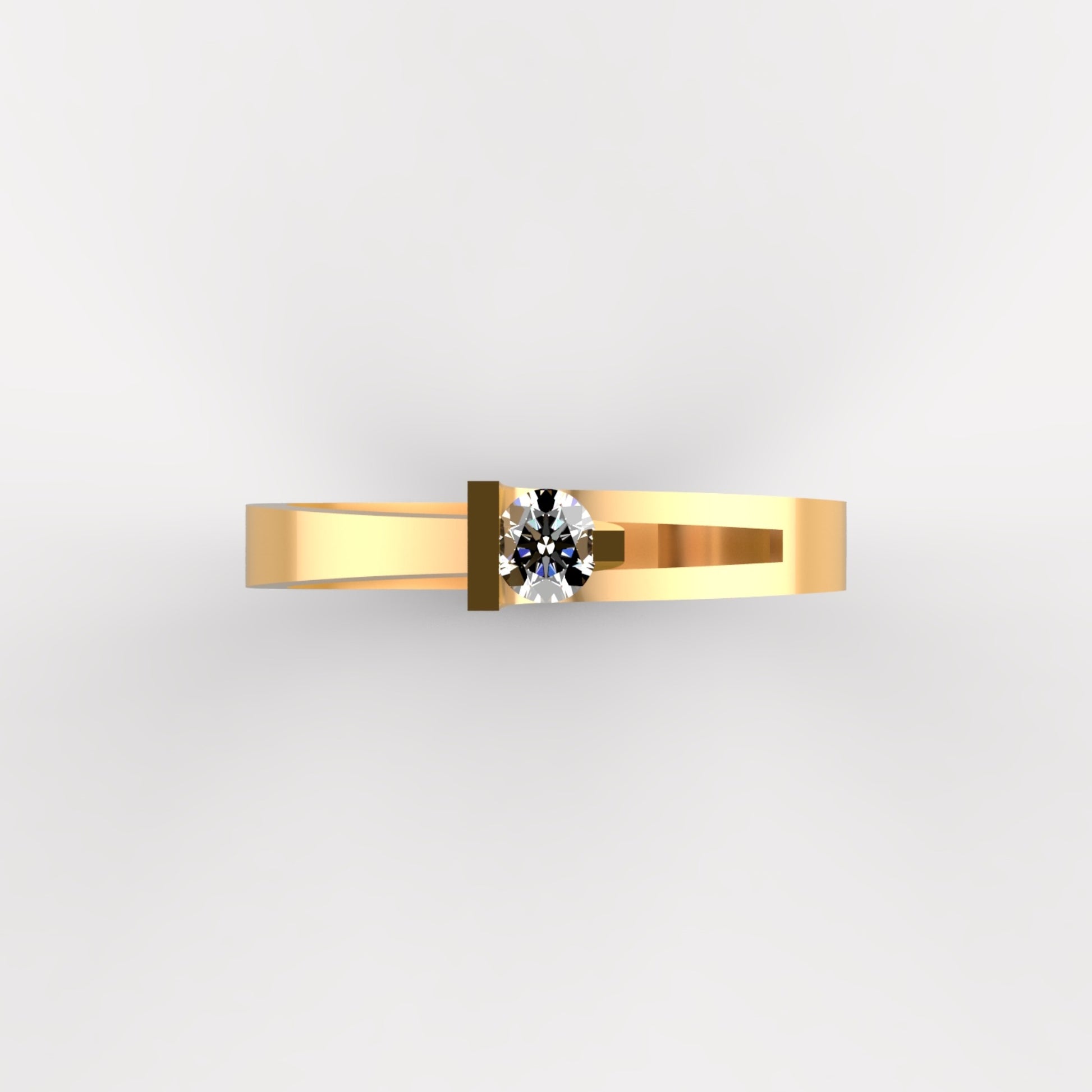 Anillo solitario en oro amarillo 18K con diamante natural de 0,16ct en engaste de tensión entre dos barras paralelas y banda ancha lisa – Joyería Lucigo Colombia
