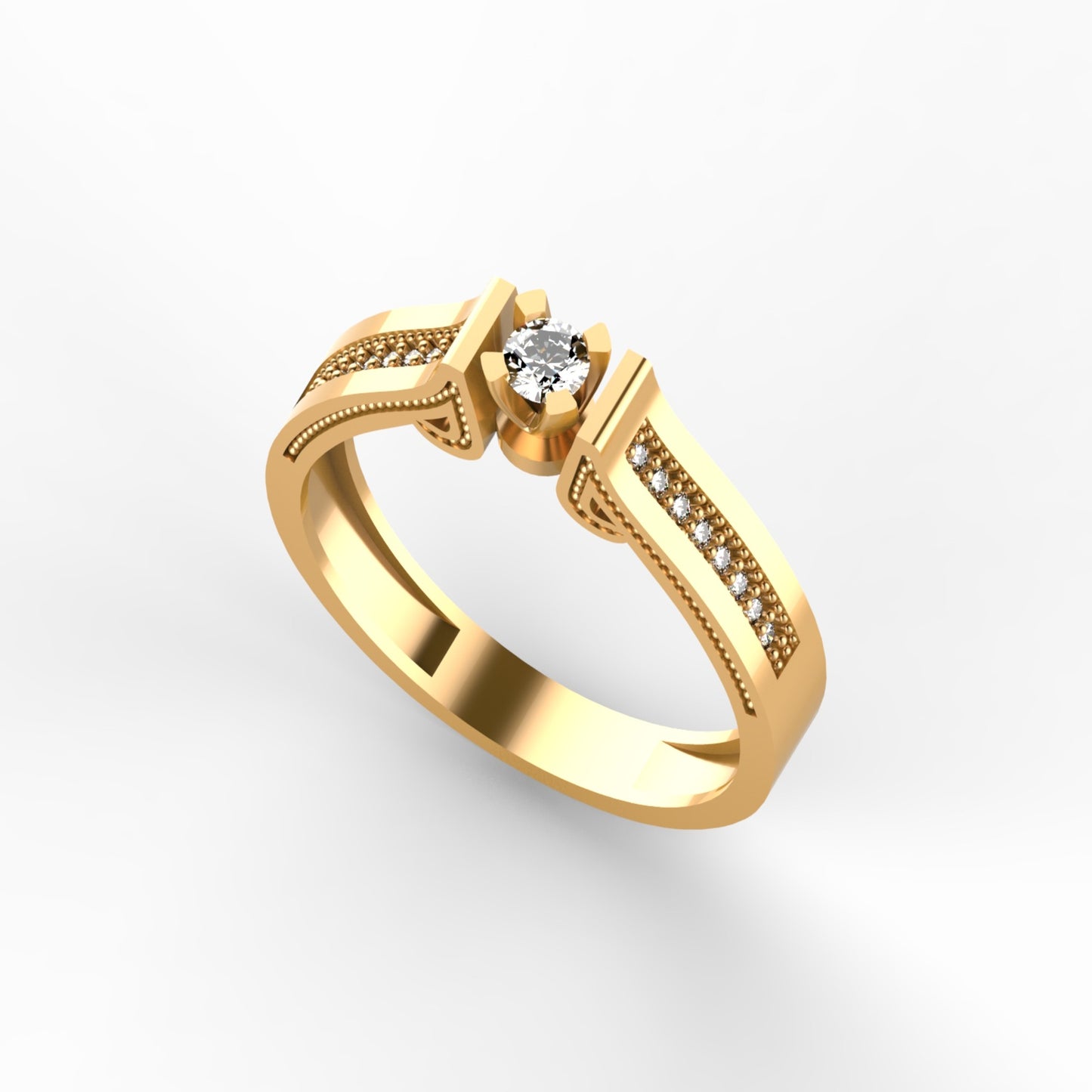 Anillo solitario en oro amarillo 18K con diamante natural de 0,16ct en doble barra y banda ancha con secciones milgrain y 16 brillantes en micropavé – Joyería Lucigo Colombia