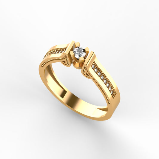 Anillo solitario en oro amarillo 18K con diamante natural de 0,16ct en doble barra y banda ancha con secciones milgrain y 16 brillantes en micropavé – Joyería Lucigo Colombia