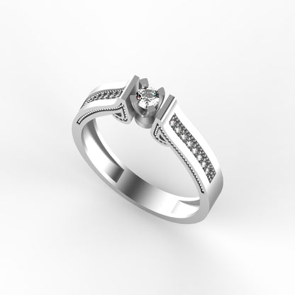 Anillo solitario en oro amarillo 18K con diamante natural de 0,16ct en doble barra y banda ancha con secciones milgrain y 16 brillantes en micropavé – Joyería Lucigo Colombia