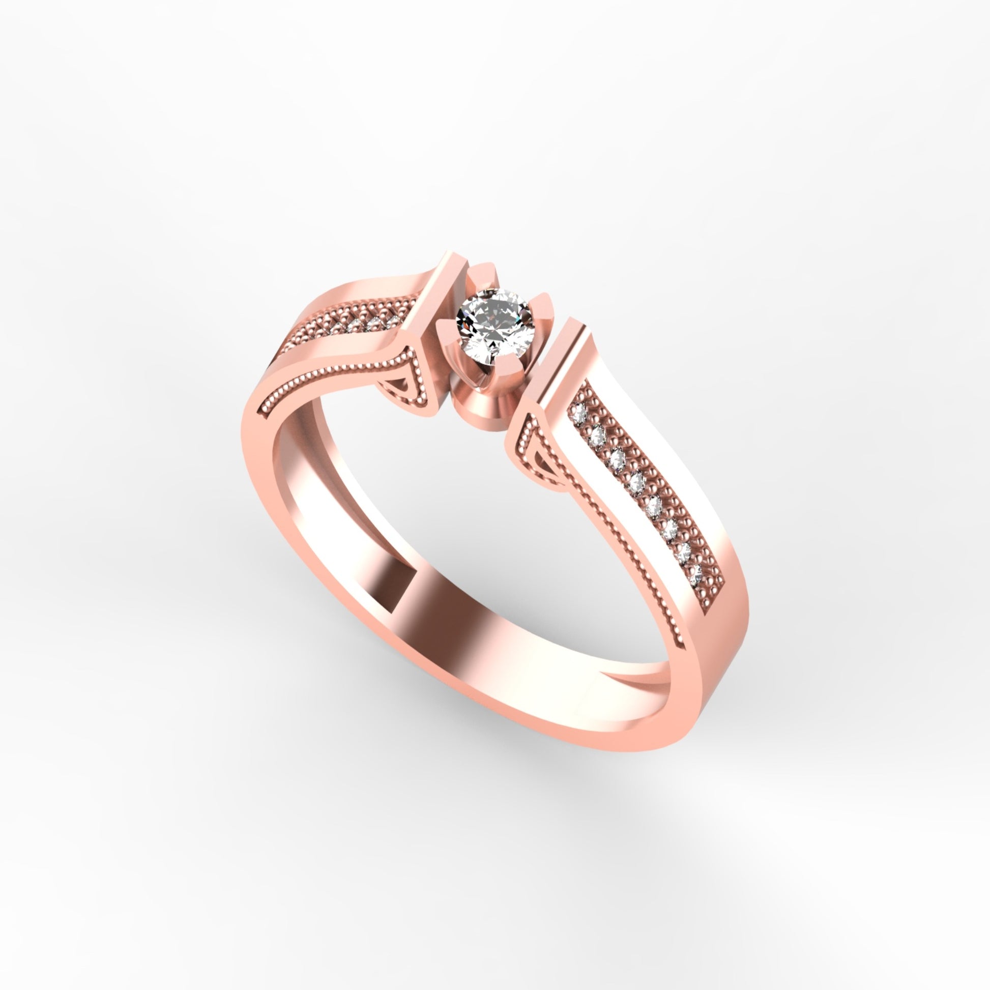 Anillo solitario en oro amarillo 18K con diamante natural de 0,16ct en doble barra y banda ancha con secciones milgrain y 16 brillantes en micropavé – Joyería Lucigo Colombia