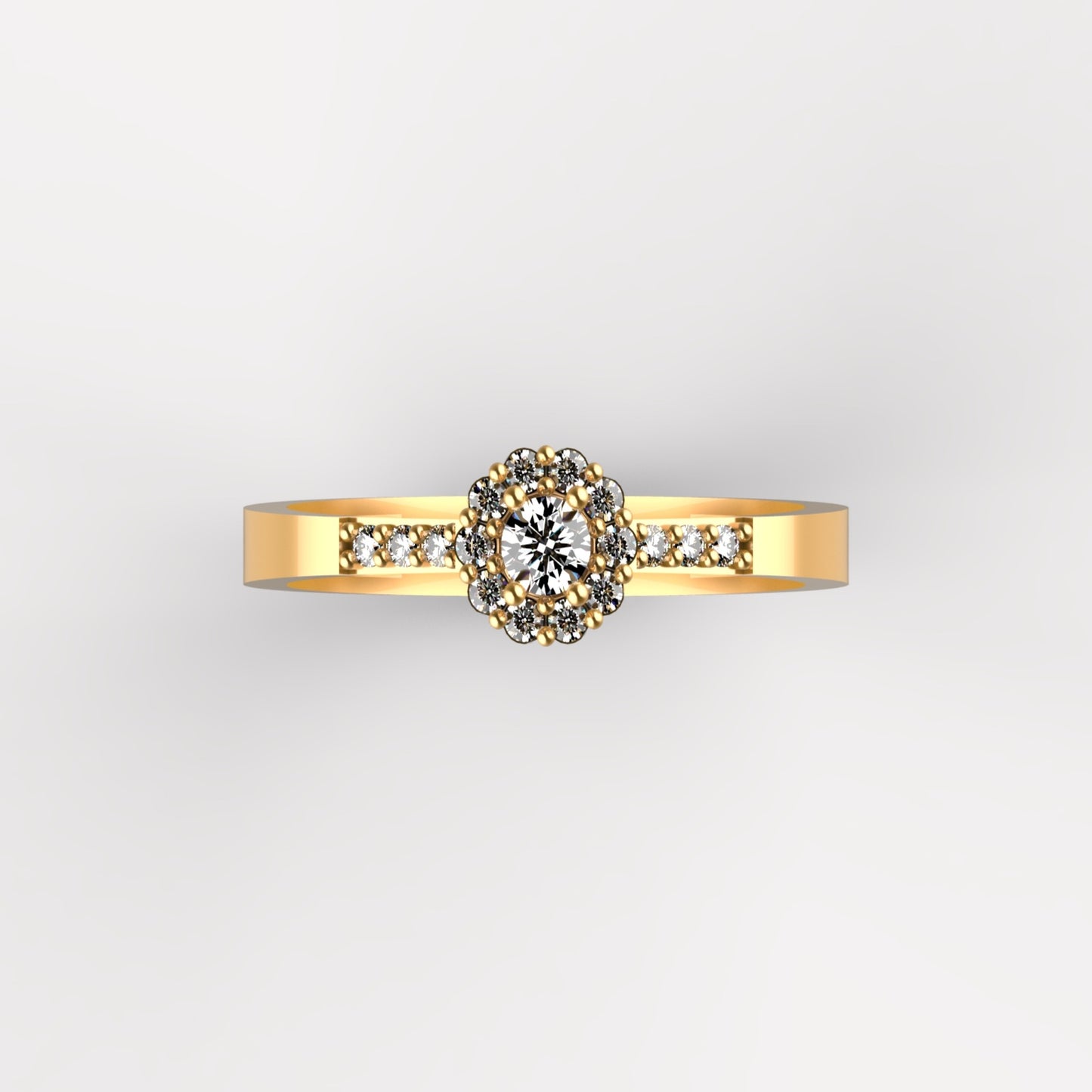 Anillo solitario en oro amarillo 18K con diamante natural de 0,10ct en halo redondo con 16 brillantes y pavé en banda – Joyería Lucigo Colombia