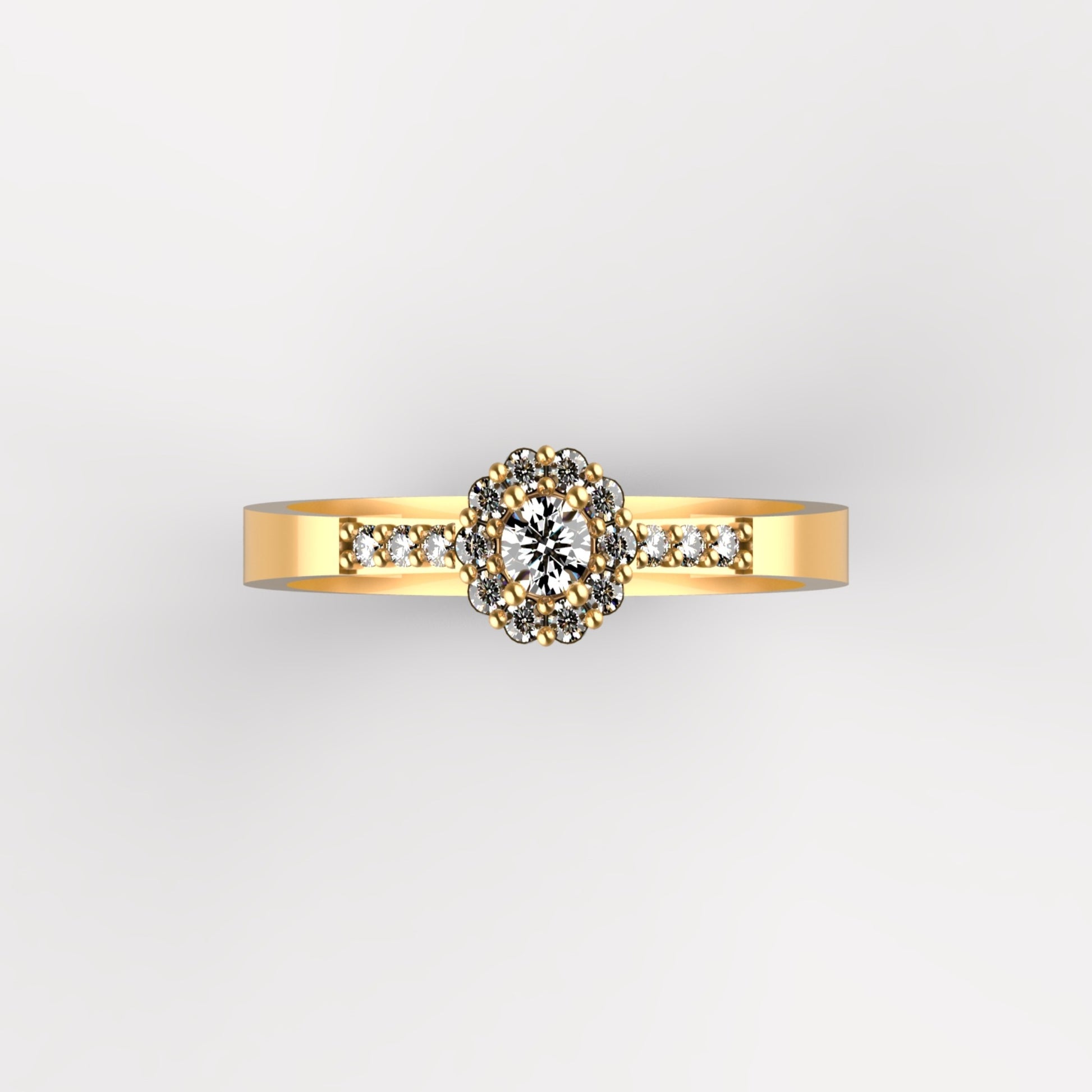 Anillo solitario en oro amarillo 18K con diamante natural de 0,10ct en halo redondo con 16 brillantes y pavé en banda – Joyería Lucigo Colombia