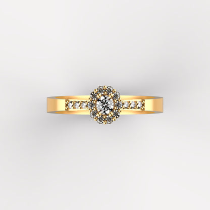Anillo solitario en oro amarillo 18K con diamante natural de 0,10ct en halo redondo con 16 brillantes y pavé en banda – Joyería Lucigo Colombia