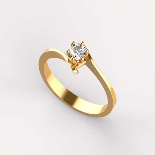 Anillo solitario en oro amarillo 18K con diamante natural de 0,23ct en seis garras y banda plana cruzada en diagonal – Joyería Lucigo Colombia