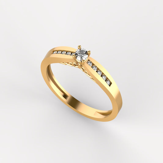 Anillo solitario en oro amarillo 18K con diamante natural de 0,10ct y banda estructurada de dos niveles con 10 brillantes en canal – Joyería Lucigo Colombia.