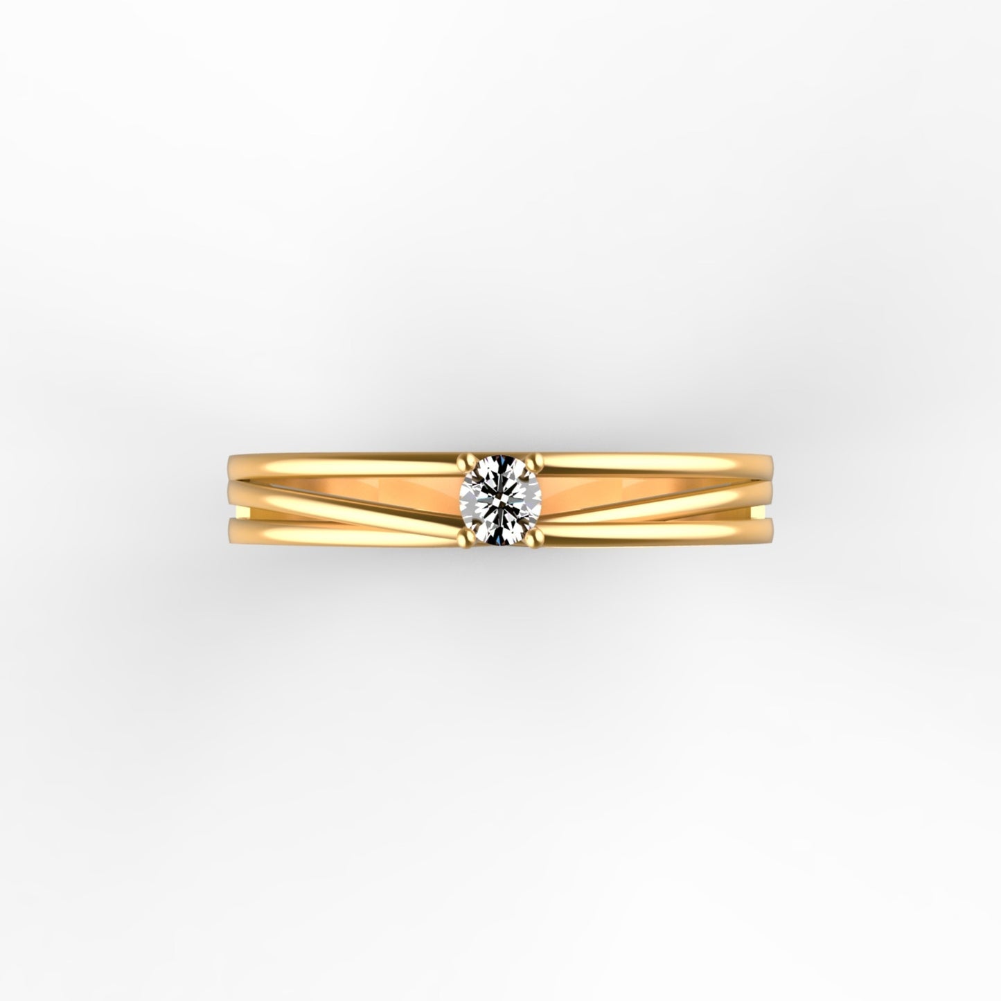 Anillo solitario en oro amarillo 18K con diamante natural de 0,10ct en cuatro garras y doble banda lisa paralela sin adornos – Joyería Lucigo Colombia