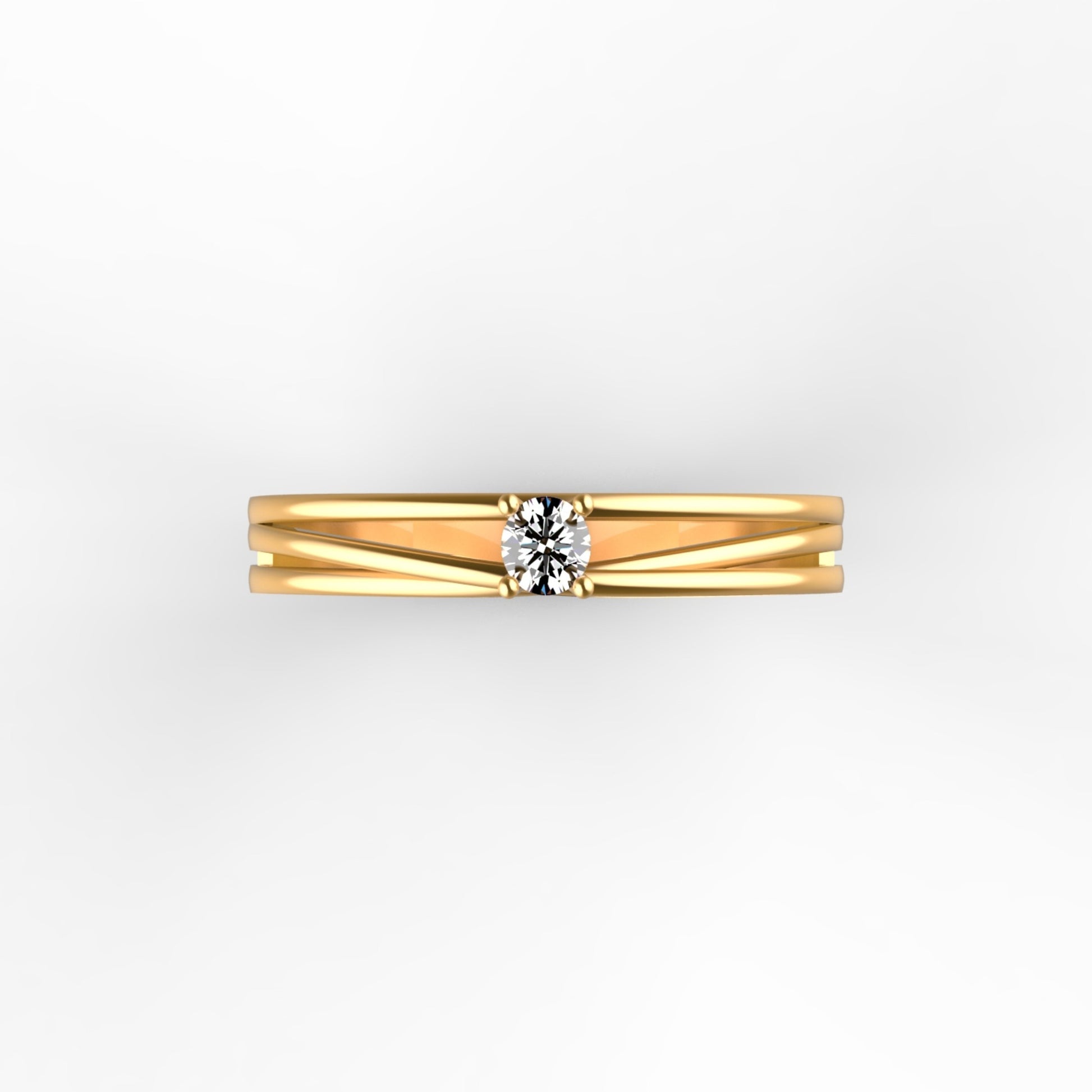 Anillo solitario en oro amarillo 18K con diamante natural de 0,10ct en cuatro garras y doble banda lisa paralela sin adornos – Joyería Lucigo Colombia