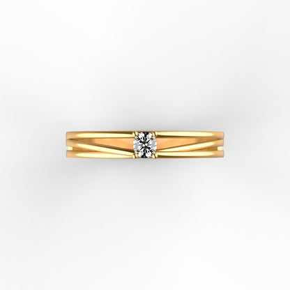 Anillo solitario en oro amarillo 18K con diamante natural de 0,10ct en cuatro garras y doble banda lisa paralela sin adornos – Joyería Lucigo Colombia