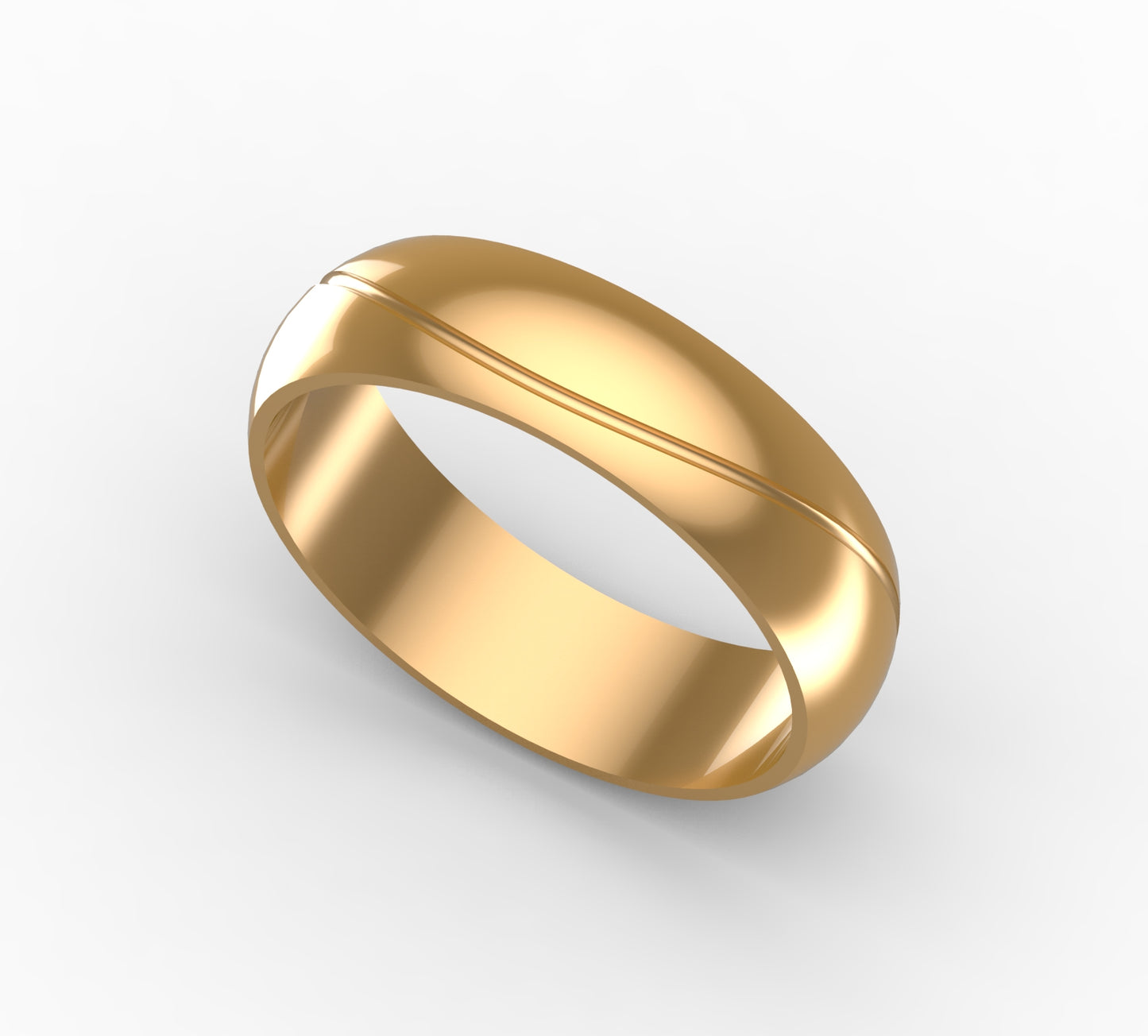 Argolla matrimonial clásica para hombre en oro amarillo 18 kilates perfil media caña con surco central decorativo y acabado pulido brillante, sin piedras, L750, fabricada en Colombia lucigo