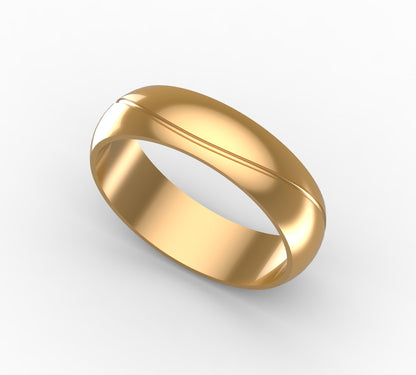 Argolla matrimonial clásica para hombre en oro amarillo 18 kilates perfil media caña con surco central decorativo y acabado pulido brillante, sin piedras, L750, fabricada en Colombia lucigo