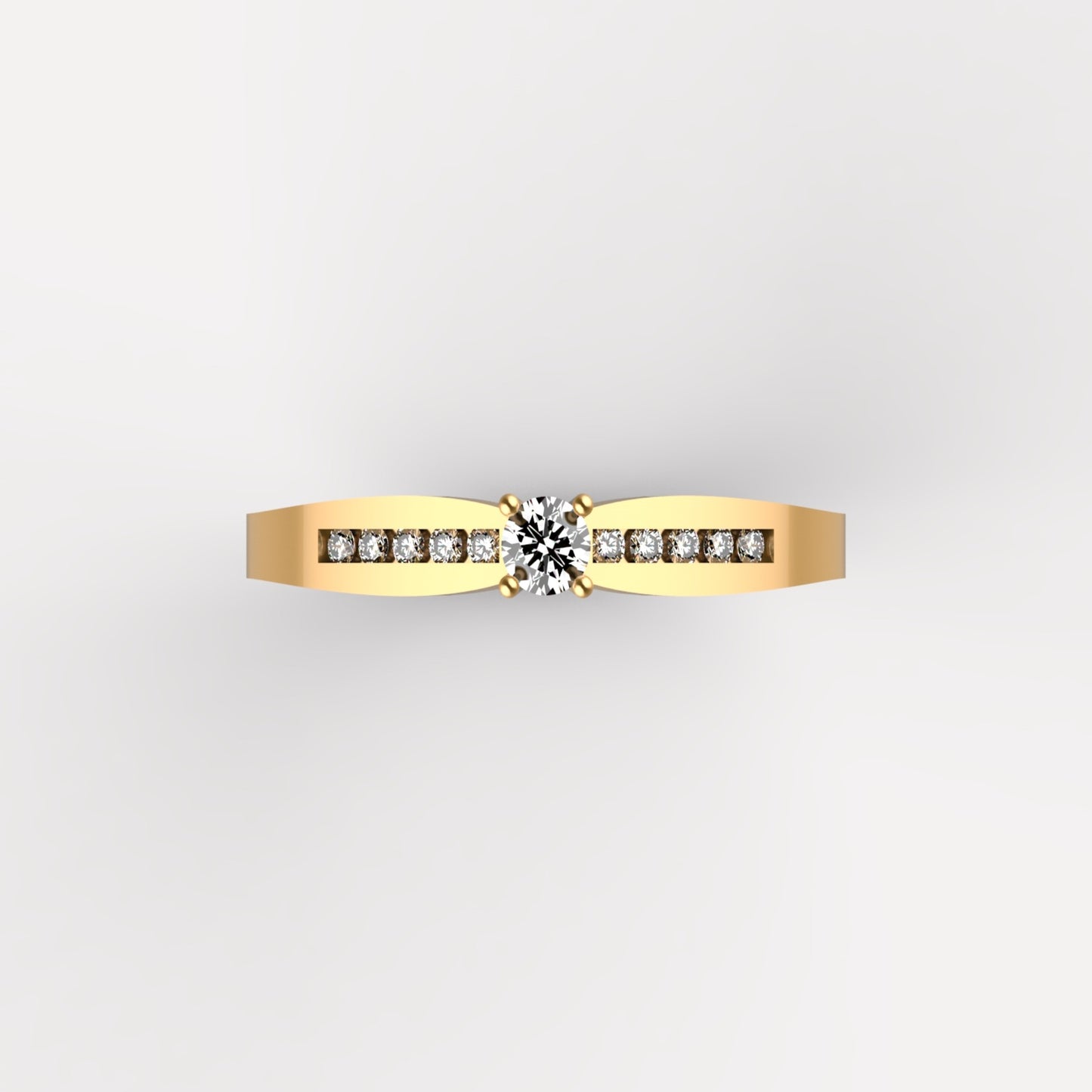 Anillo solitario en oro amarillo 18K con diamante natural de 0,10ct y banda estructurada de dos niveles con 10 brillantes en canal – Joyería Lucigo Colombia