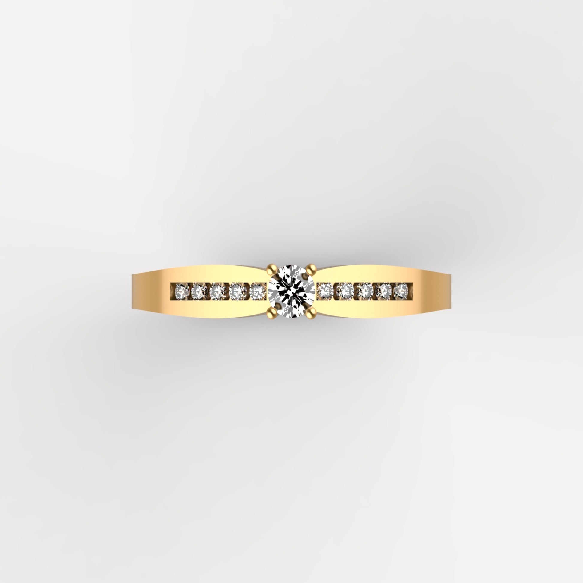 Anillo solitario en oro amarillo 18K con diamante natural de 0,10ct y banda estructurada de dos niveles con 10 brillantes en canal – Joyería Lucigo Colombia