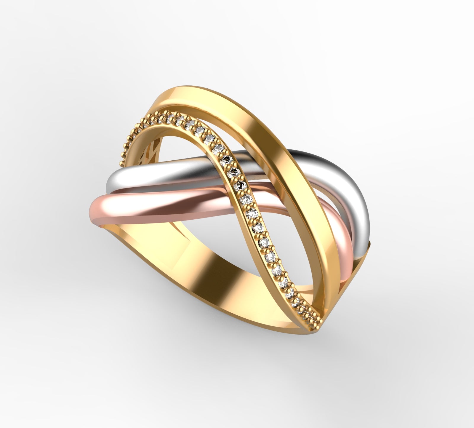 anillo tricolor cruzado oro 18k con diamantes