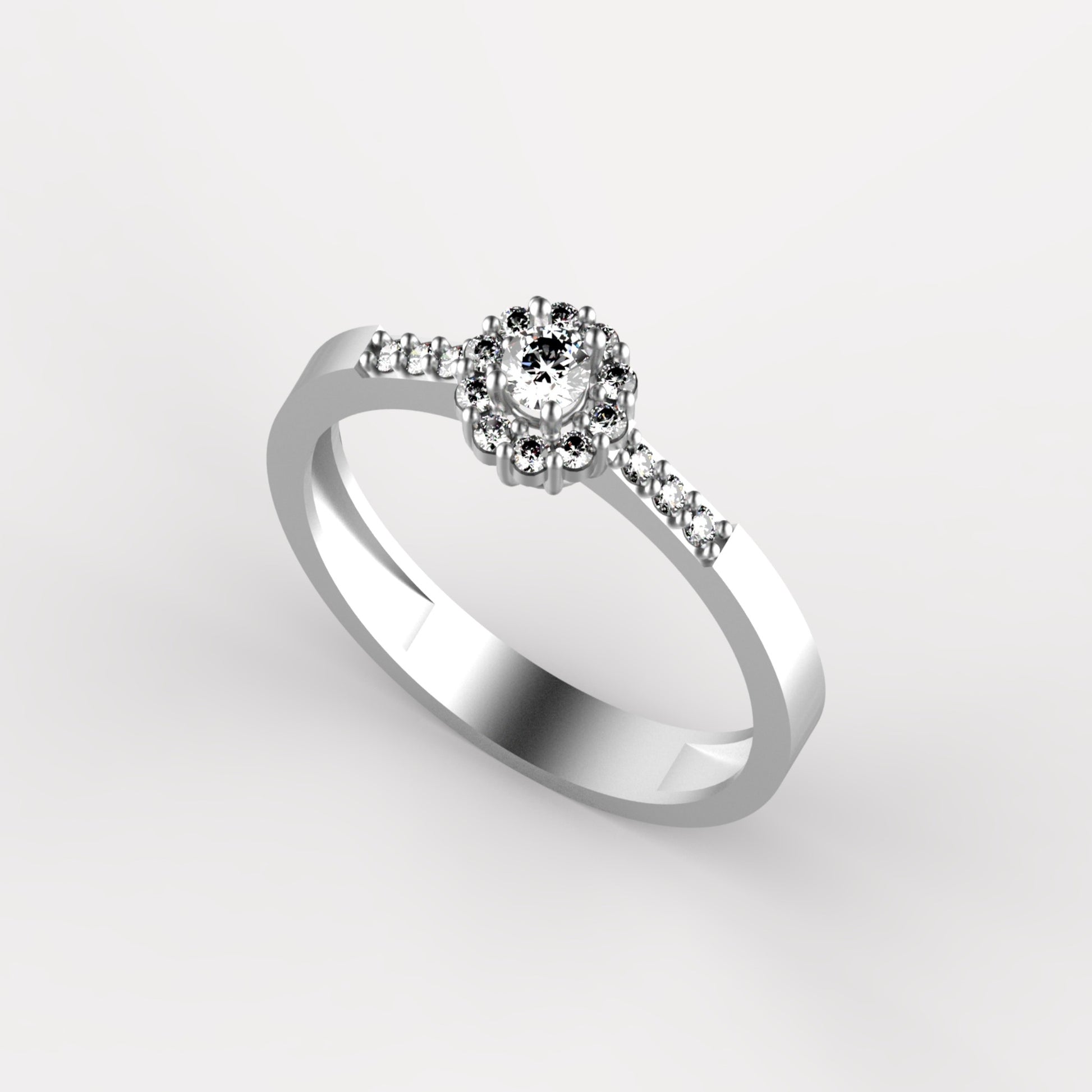 Anillo solitario en oro amarillo 18K con diamante natural de 0,10ct en halo redondo con 16 brillantes y pavé en banda – Joyería Lucigo Colombia
