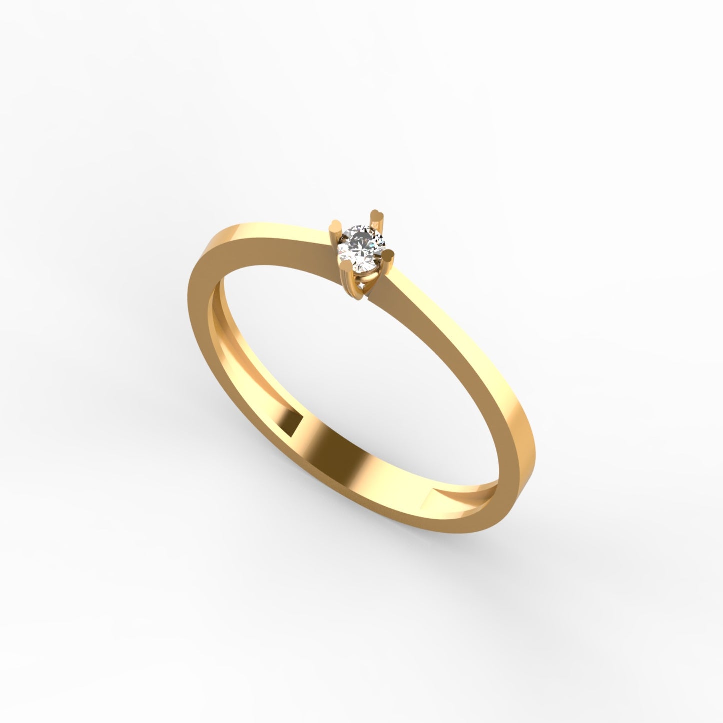 Anillo solitario ultra minimalista en oro amarillo 18K con diamante natural de 0,06ct en cuatro garras y banda plana ultra delgada – Joyería Lucigo Colombia