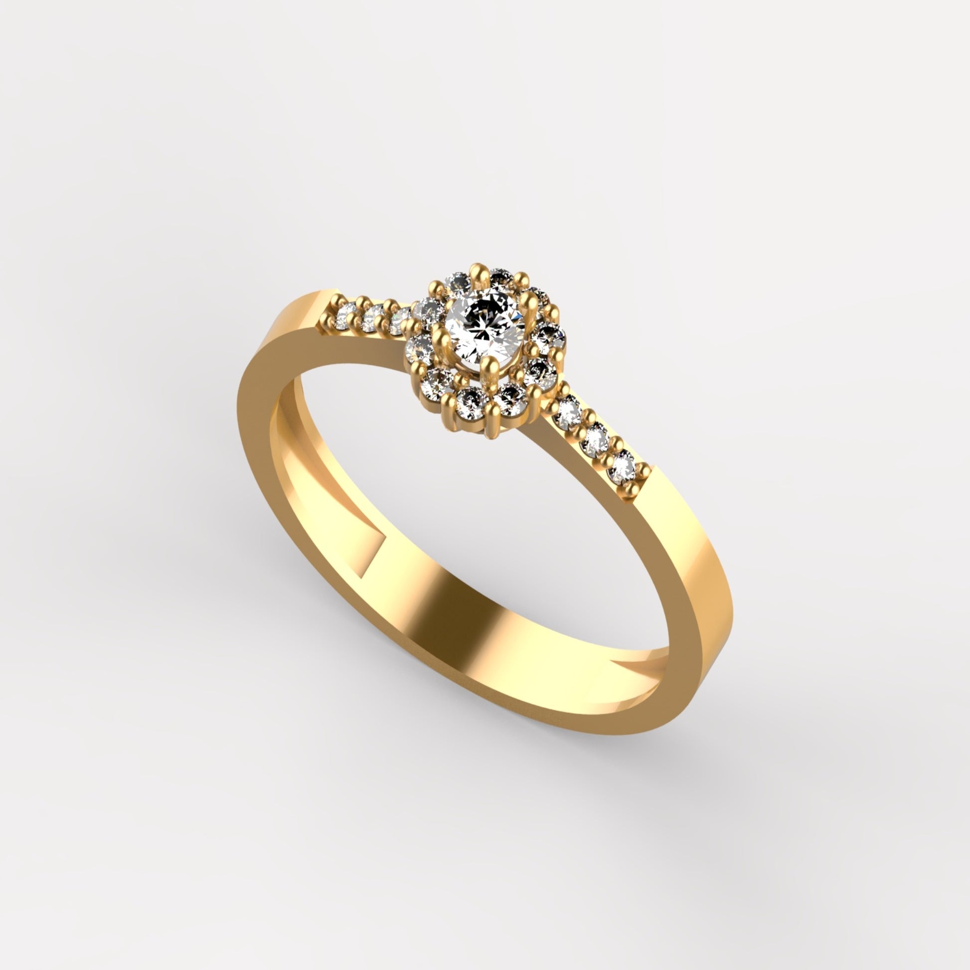 Anillo solitario en oro amarillo 18K con diamante natural de 0,10ct en halo redondo con 16 brillantes y pavé en banda – Joyería Lucigo Colombia