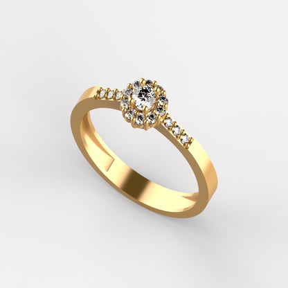 Anillo solitario en oro amarillo 18K con diamante natural de 0,10ct en halo redondo con 16 brillantes y pavé en banda – Joyería Lucigo Colombia
