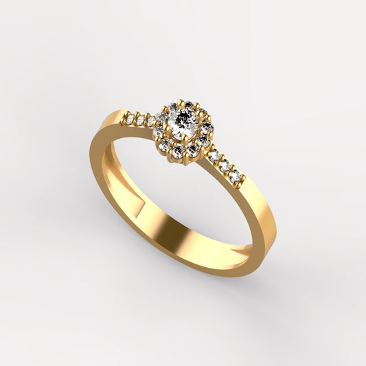 Anillo solitario en oro amarillo 18K con diamante natural de 0,10ct en halo redondo con 16 brillantes y pavé en banda – Joyería Lucigo Colombia