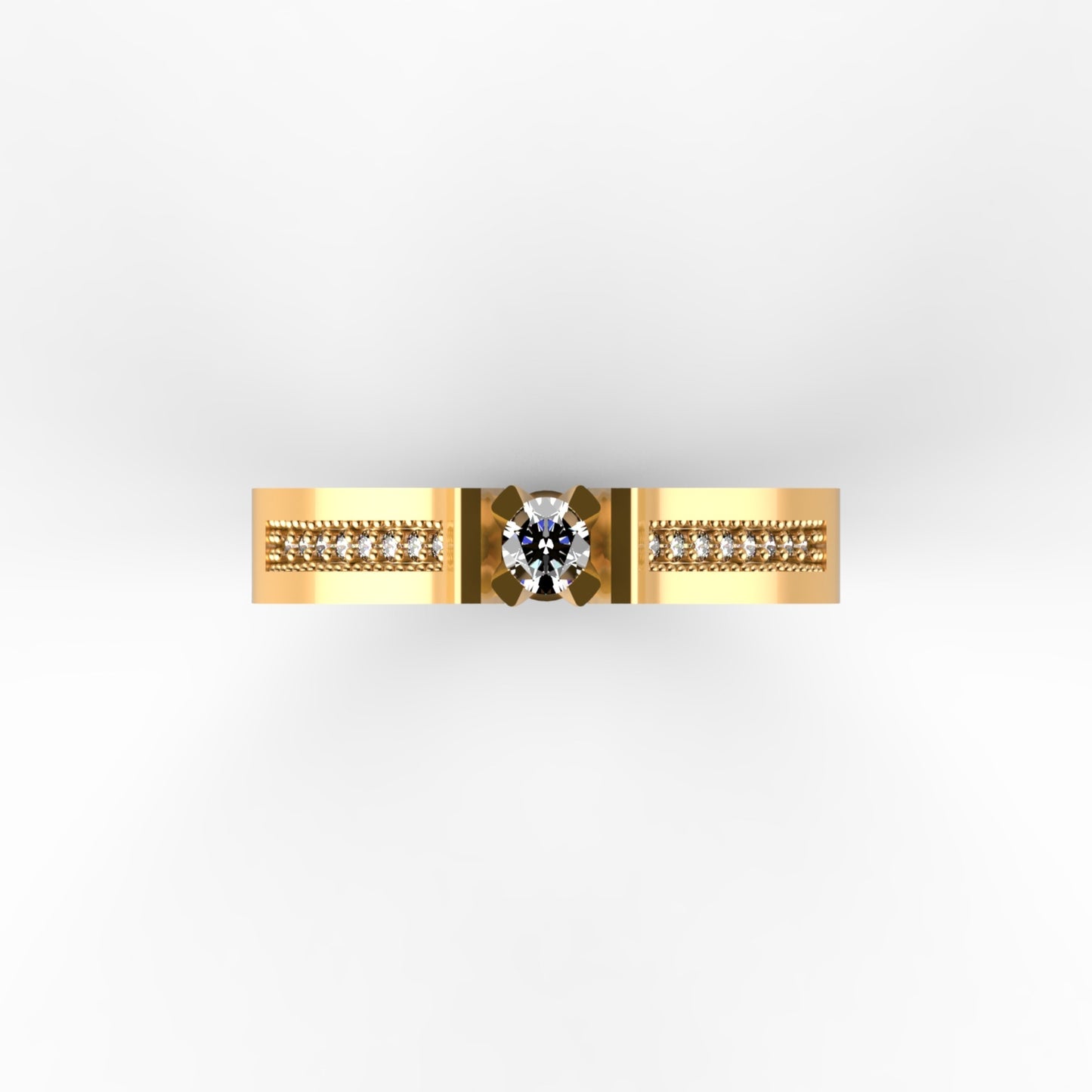 Anillo solitario en oro amarillo 18K con diamante natural de 0,16ct en doble barra y banda ancha con secciones milgrain y 16 brillantes en micropavé – Joyería Lucigo Colombia
