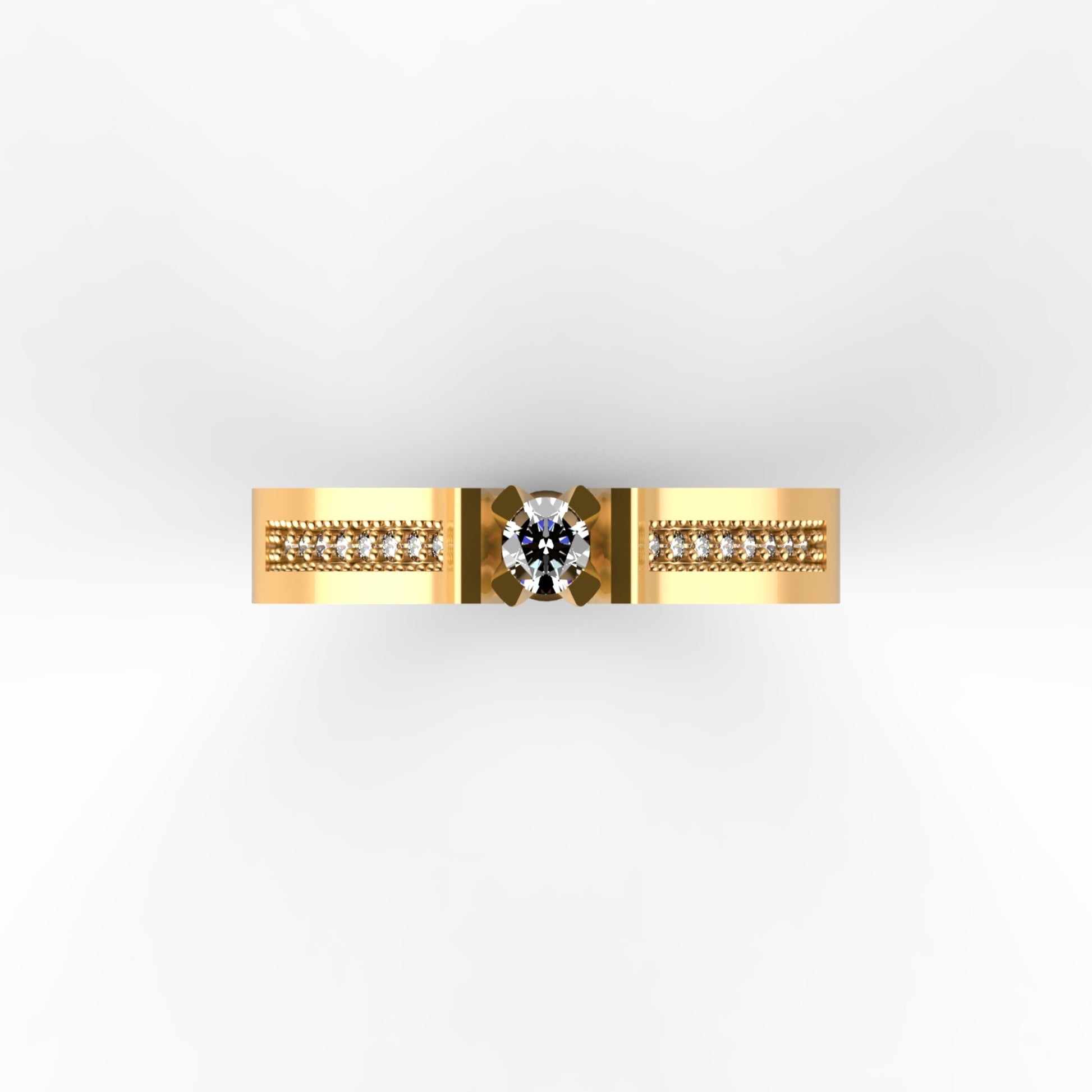 Anillo solitario en oro amarillo 18K con diamante natural de 0,16ct en doble barra y banda ancha con secciones milgrain y 16 brillantes en micropavé – Joyería Lucigo Colombia