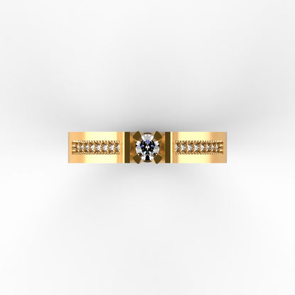 Anillo solitario en oro amarillo 18K con diamante natural de 0,16ct en doble barra y banda ancha con secciones milgrain y 16 brillantes en micropavé – Joyería Lucigo Colombia