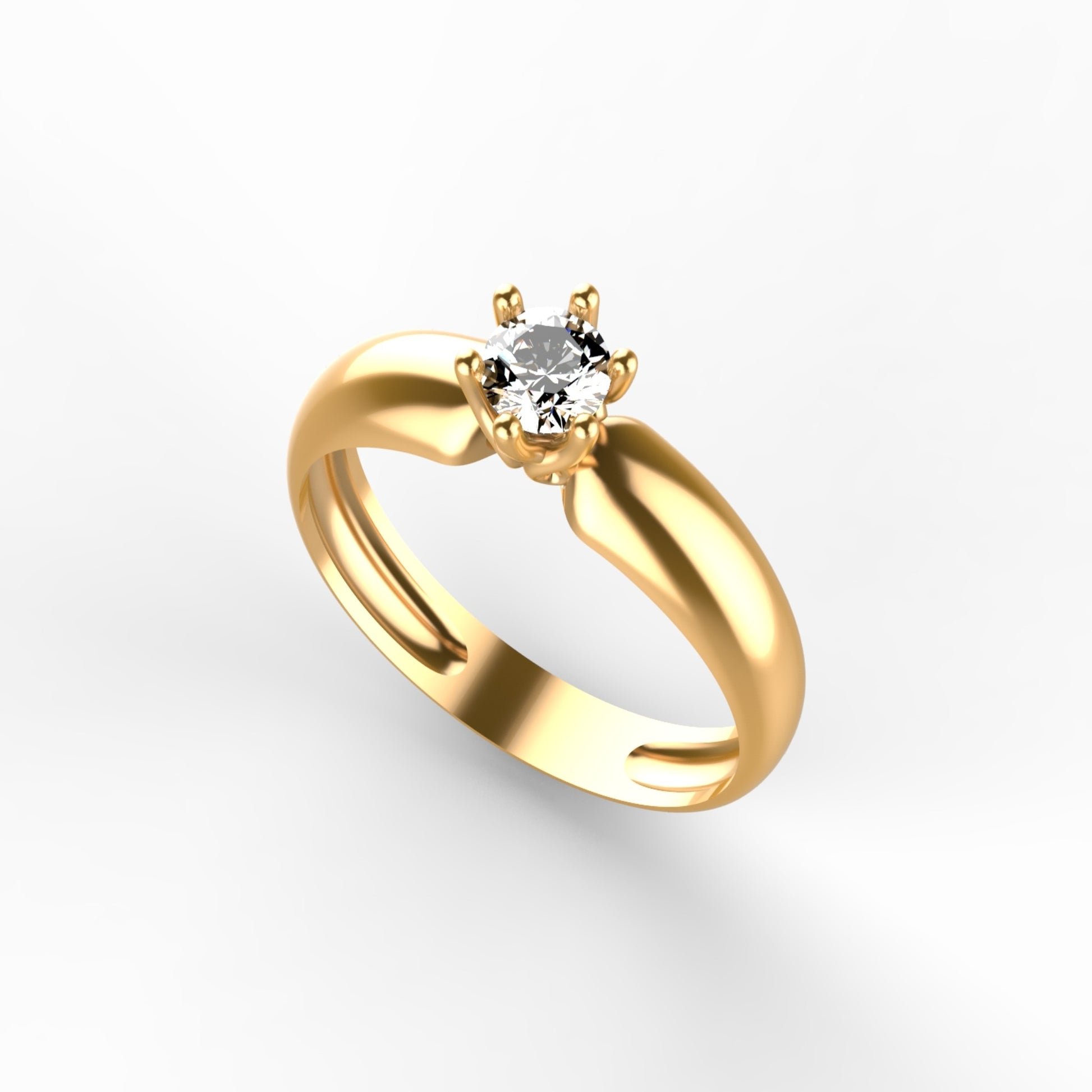 Anillo solitario en oro amarillo 18K con diamante natural de 0,16ct en seis garras florales y banda robusta redondeada – Joyería Lucigo Colombia
