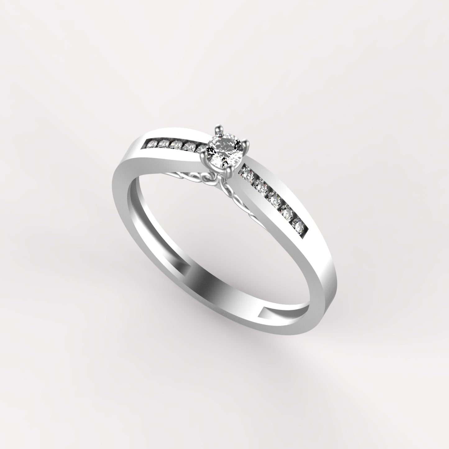 Anillo solitario en oro amarillo 18K con diamante natural de 0,10ct y banda estructurada de dos niveles con 10 brillantes en canal – Joyería Lucigo Colombia