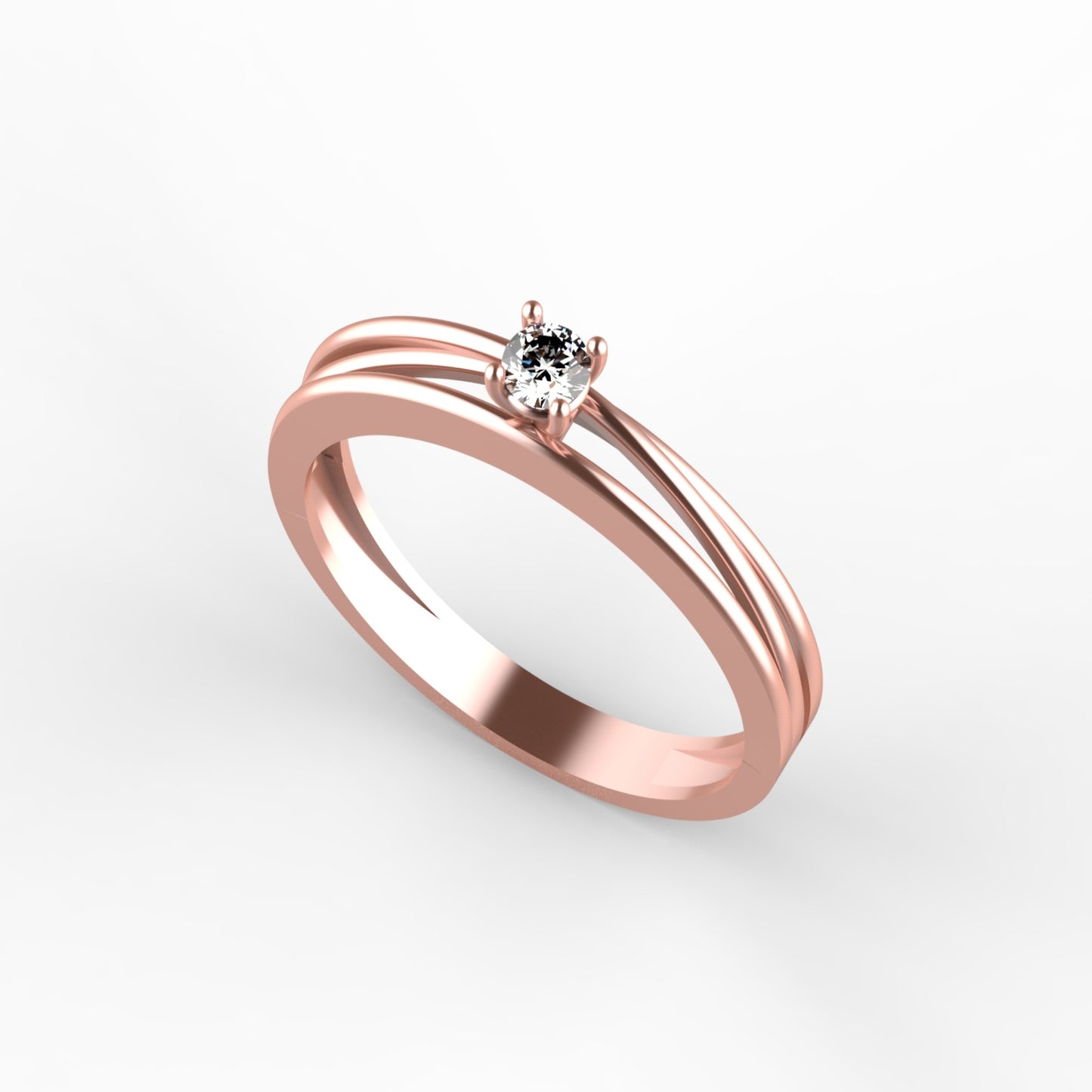 Anillo solitario en oro amarillo 18K con diamante natural de 0,10ct en cuatro garras y doble banda lisa paralela sin adornos – Joyería Lucigo Colombia