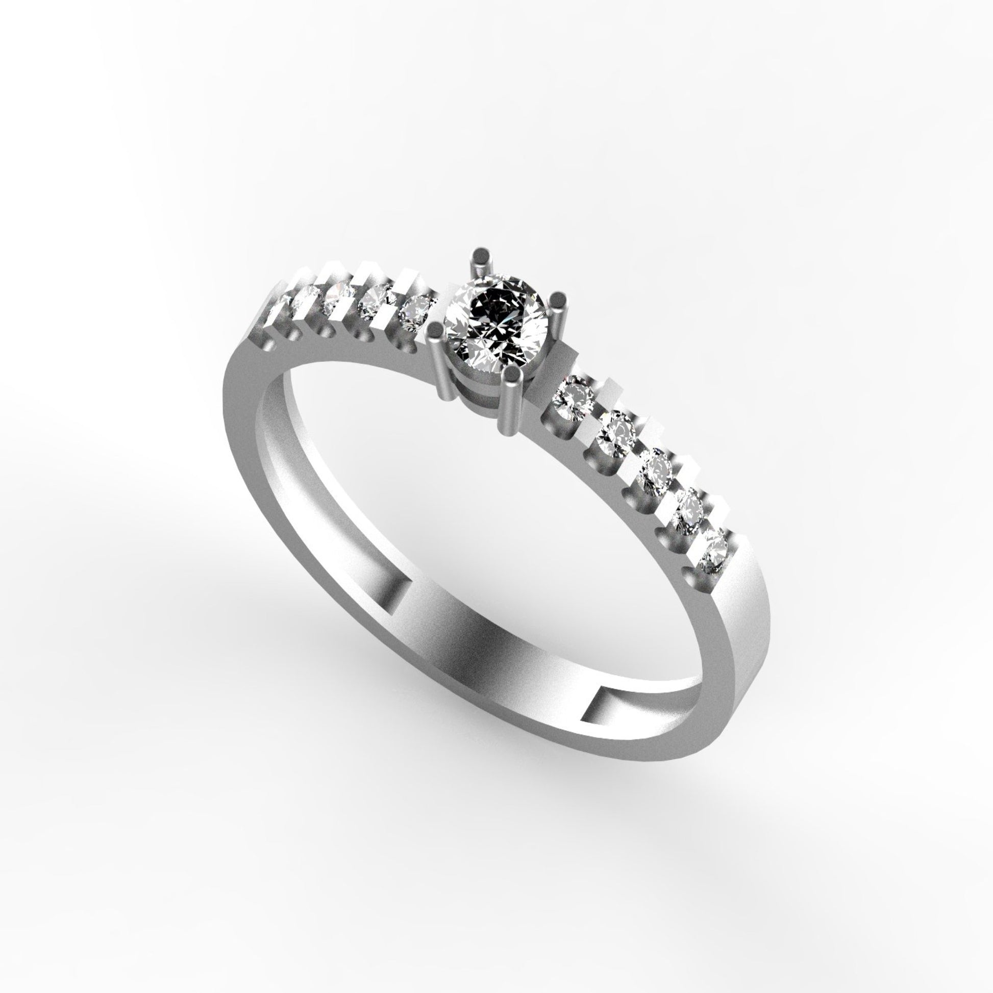 Anillo de compromiso en oro amarillo 18K con diamante natural central de 0,23ct en engaste doble barra y 10 brillantes en pavé canal estructurado – Joyería Lucigo Colombia