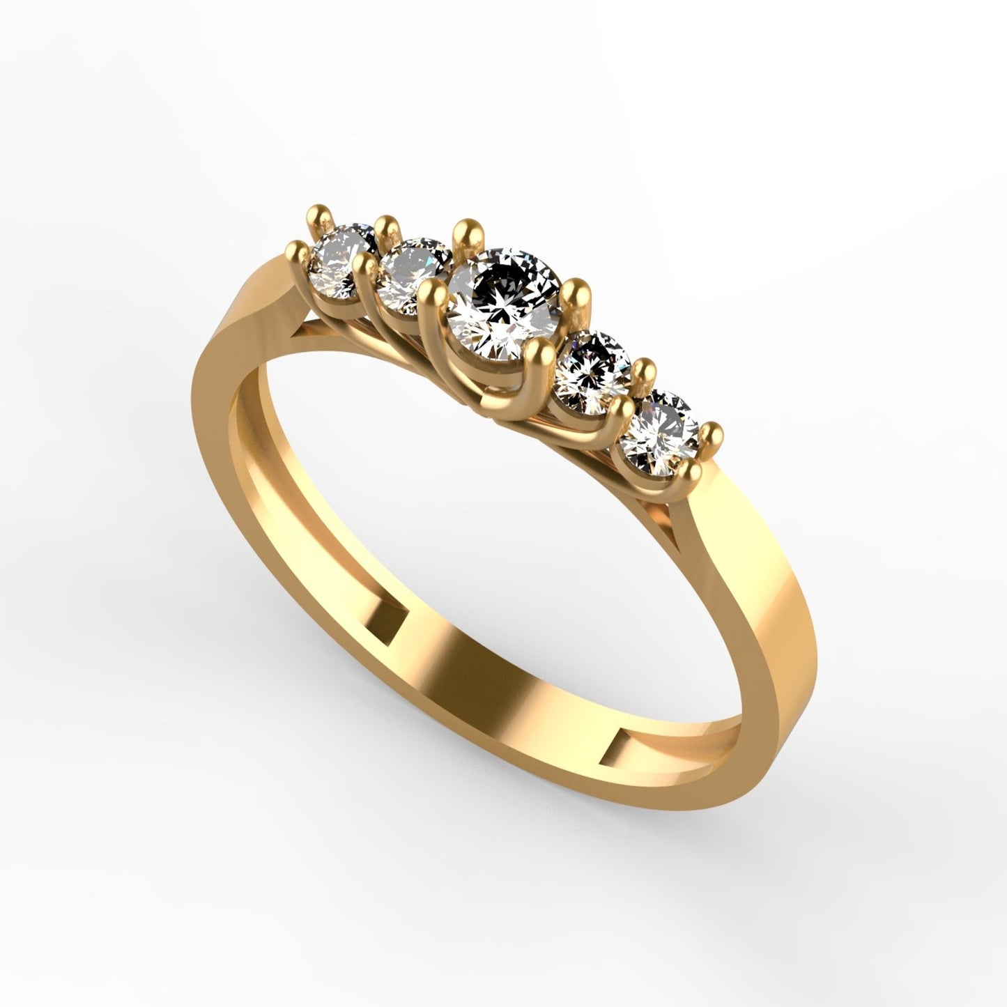 Anillo en oro amarillo 18K con 5 diamantes naturales en degradé engastados en garras compartidas tipo U — diamante central de 0,16ct – Joyería Lucigo Colombia