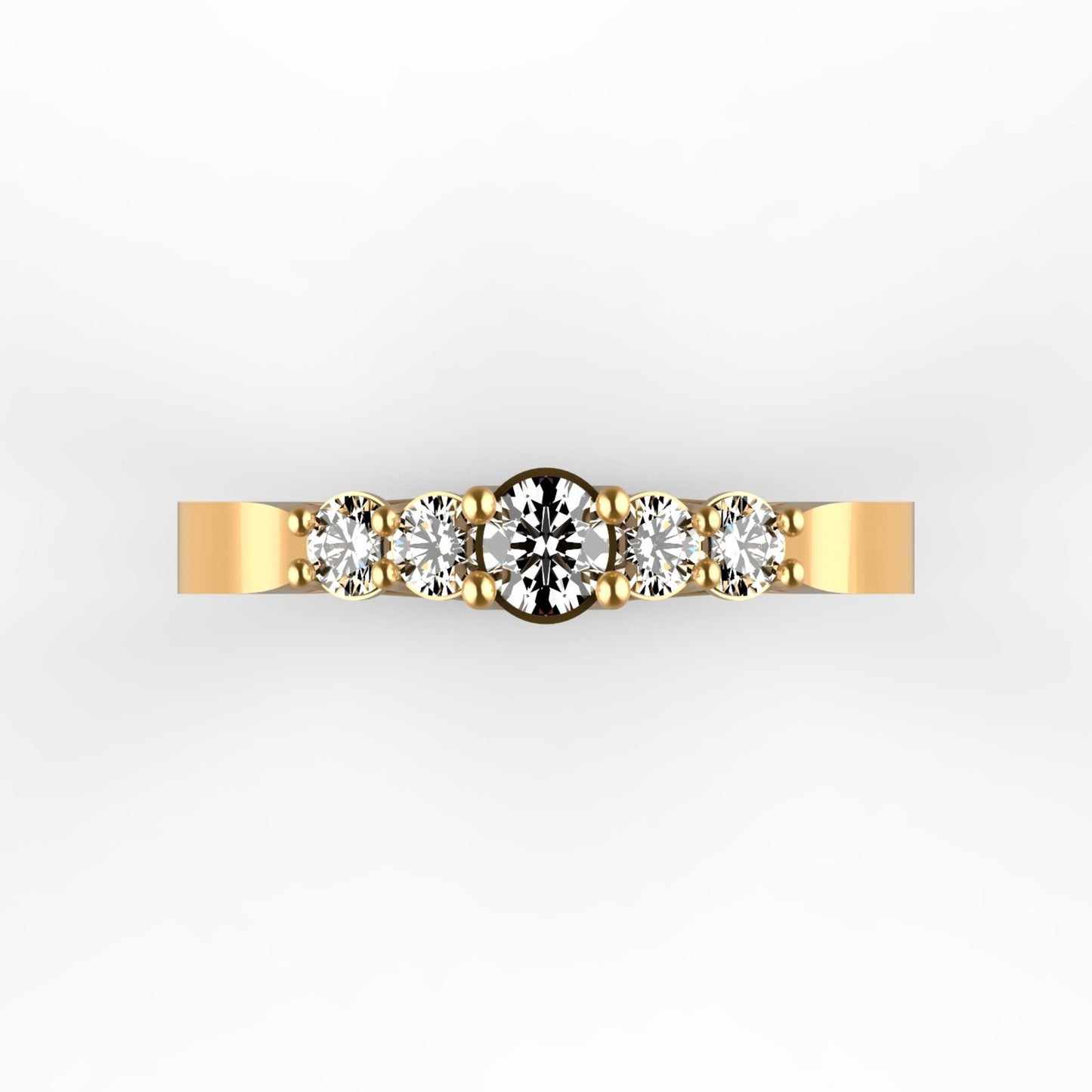 Anillo en oro amarillo 18K con 5 diamantes naturales en degradé engastados en garras compartidas tipo U — diamante central de 0,16ct – Joyería Lucigo Colombia