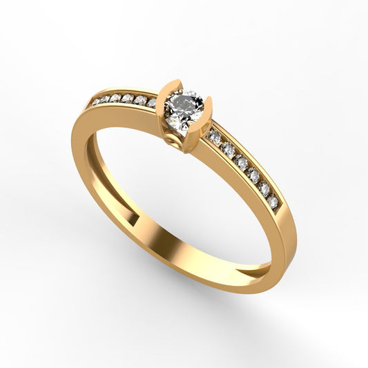 Anillo de compromiso en oro amarillo 18K con diamante natural de 0,16ct en engaste semiluna y 12 brillantes en pavé canal – Joyería Lucigo Colombia