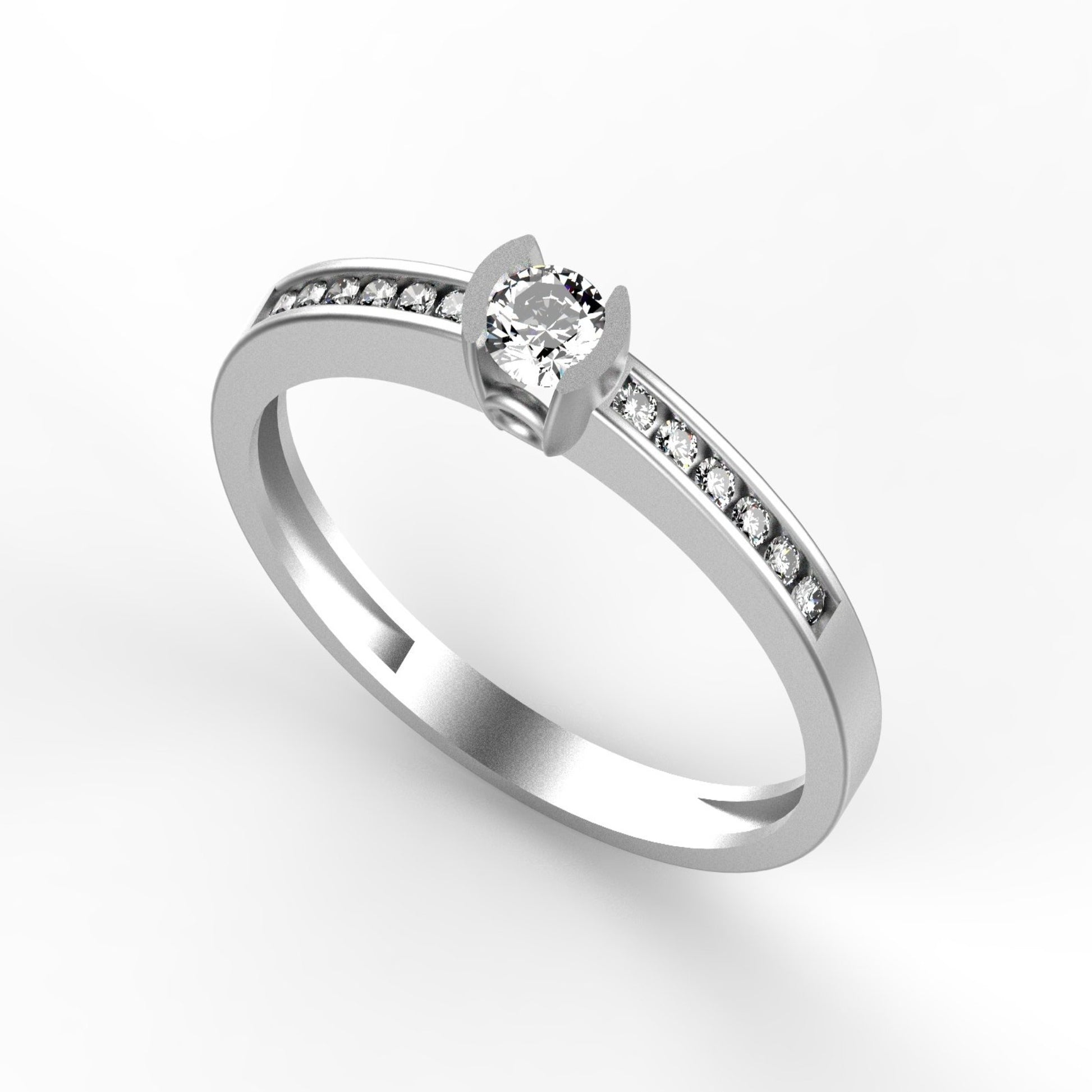 Anillo de compromiso en oro amarillo 18K con diamante natural de 0,16ct en engaste semiluna y 12 brillantes en pavé canal – Joyería Lucigo Colombia