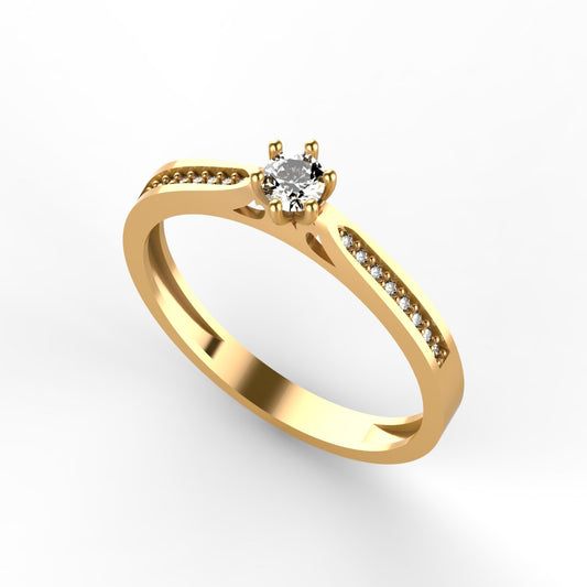 Anillo de compromiso en oro amarillo 18K con diamante natural de 0,16ct en seis garras y 16 brillantes en micropavé canal dividido – Joyería Lucigo Colombia