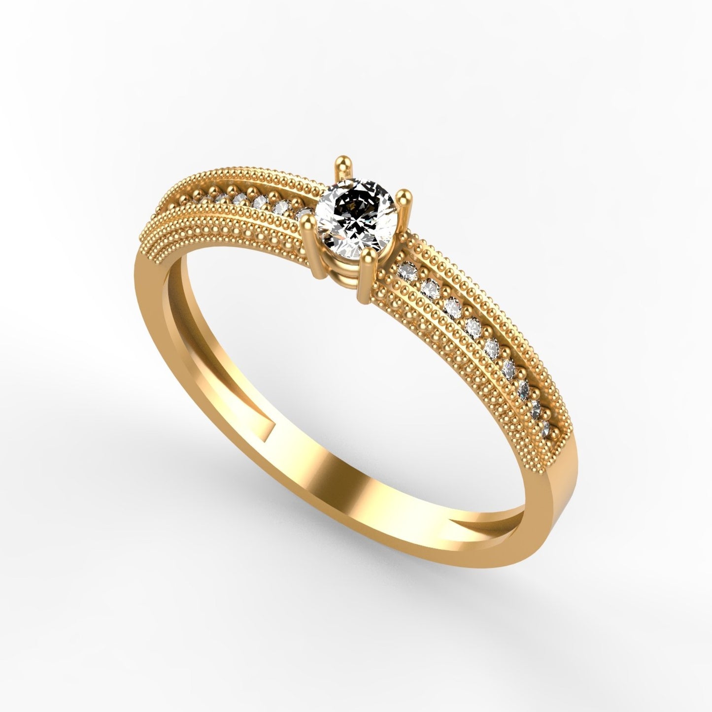 Anillo de compromiso en oro amarillo 18K con diamante natural de 0,16ct en cuatro garras y banda ancha triple milgrain con 18 brillantes en micropavé – Joyería Lucigo Colombia
