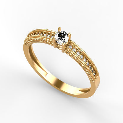 Anillo de compromiso en oro amarillo 18K con diamante natural de 0,16ct en cuatro garras y banda ancha triple milgrain con 18 brillantes en micropavé – Joyería Lucigo Colombia